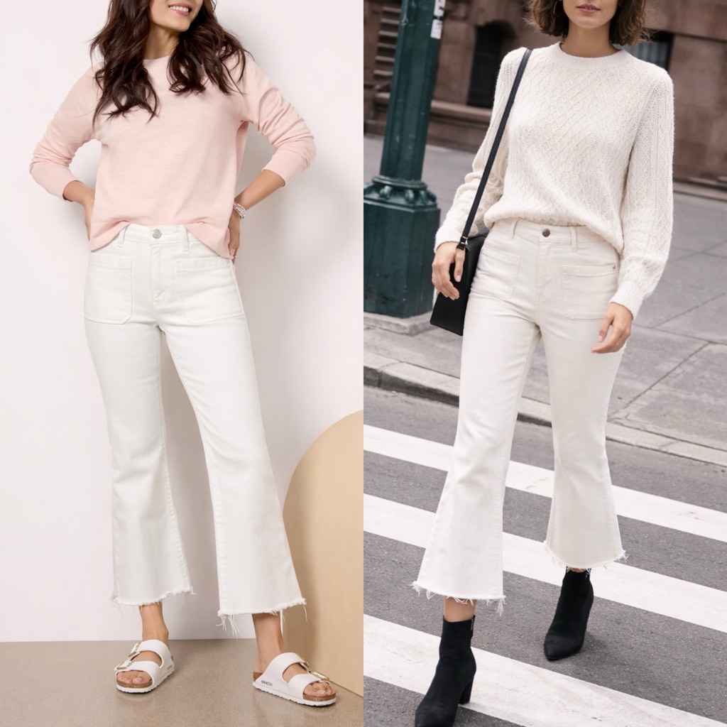 Frame Flare Bootcut Crop Raw Hem Ecru Jeans